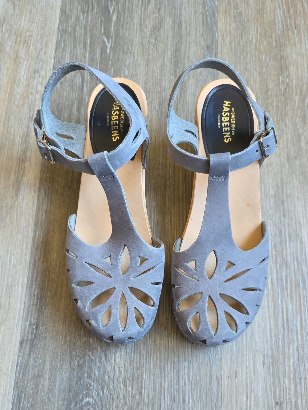 Swedish Hasbeens Light Gray Lacy Cutout T-Strap Sandals